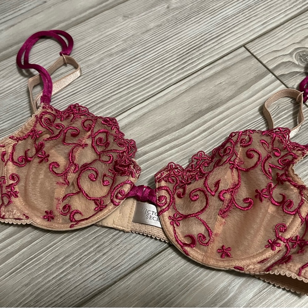 Victoria's Secret Floral Embroidered Demi Bra - Pink and Tan - Sheer & Sexy